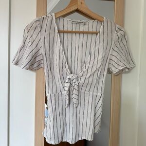 Abercrombie & Fitch Blue and White Striped V-Neck Tie-Front Top